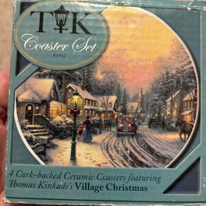 THOMAS KINKADE NOS SET OF 4 CERAMIC COASTERS VILLAGE CHRISTMAS VINTAGE 1997